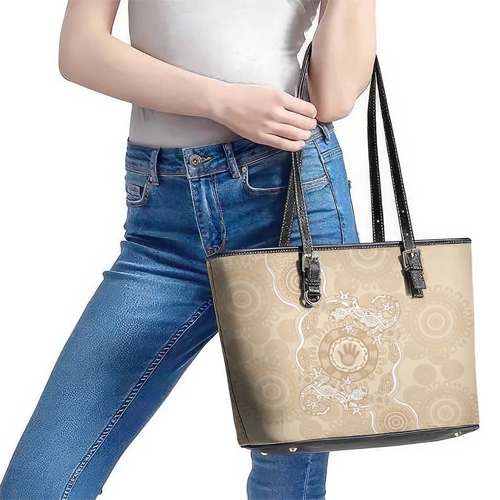 Beige Australia Lizard With Aboriginal Art Leather Tote Bag