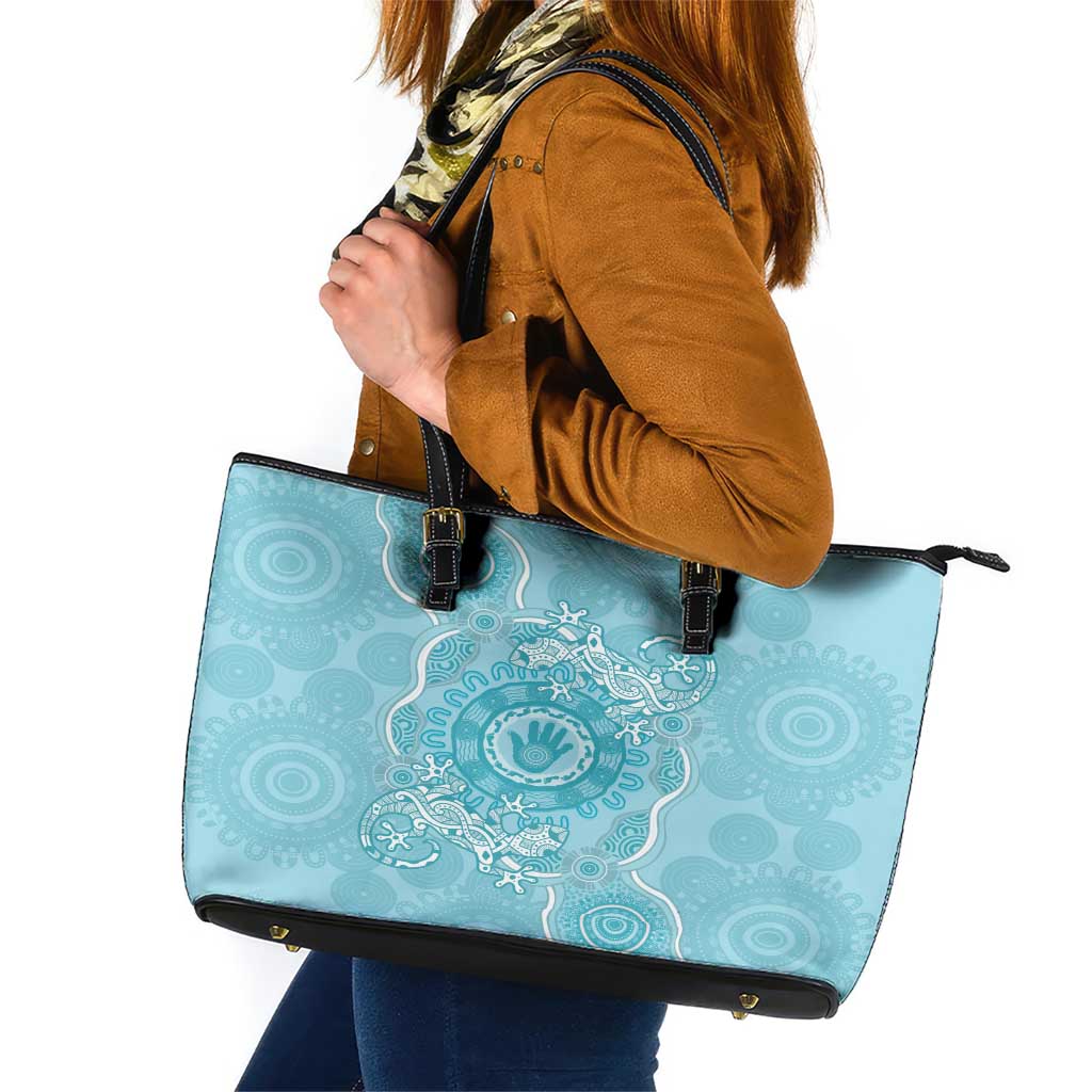 Blue Australia Lizard With Aboriginal Art Leather Tote Bag