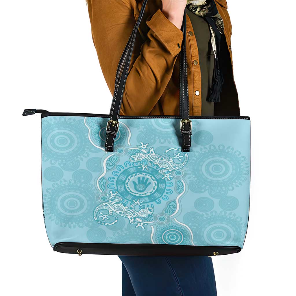 Blue Australia Lizard With Aboriginal Art Leather Tote Bag