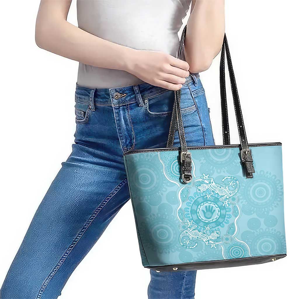 Blue Australia Lizard With Aboriginal Art Leather Tote Bag