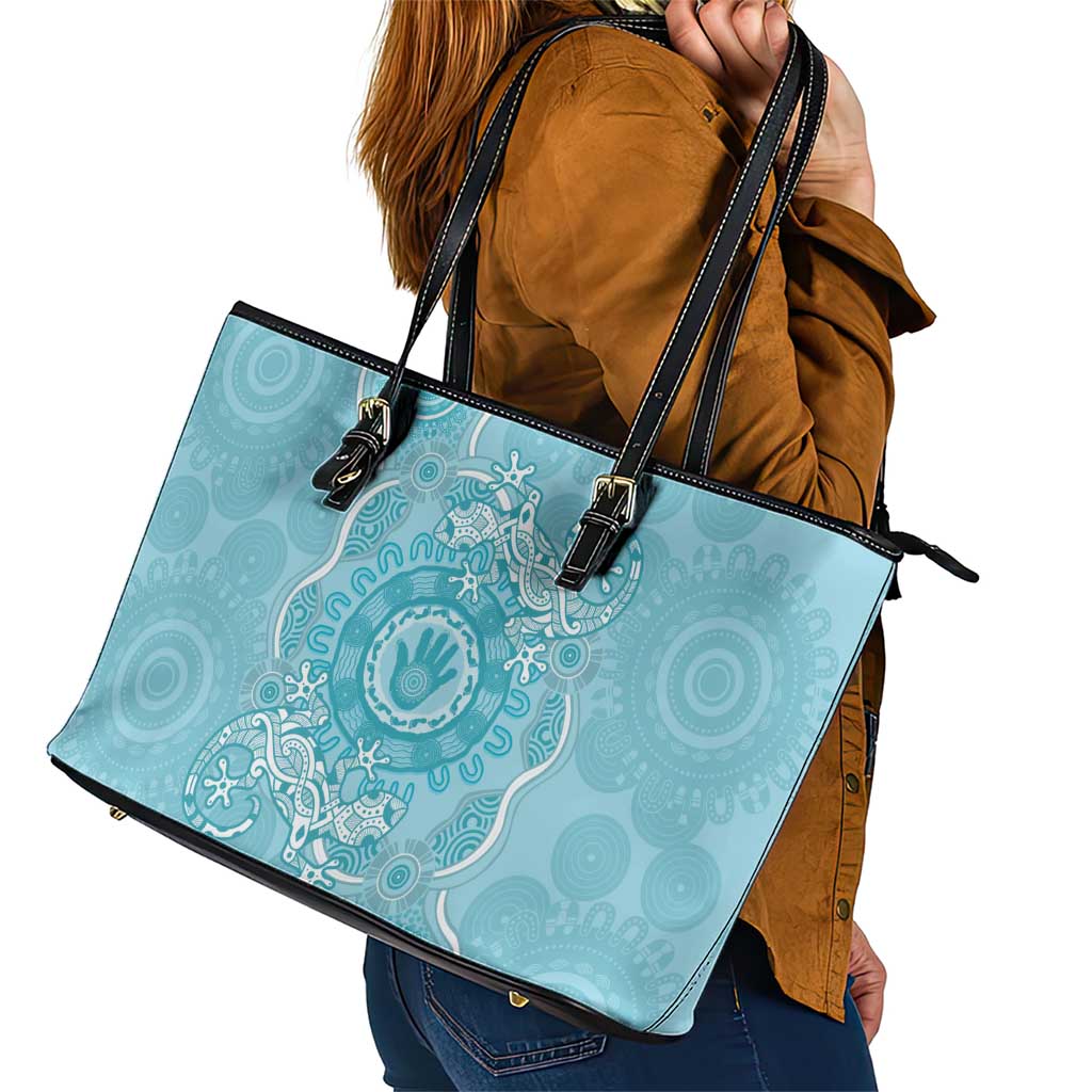 Blue Australia Lizard With Aboriginal Art Leather Tote Bag