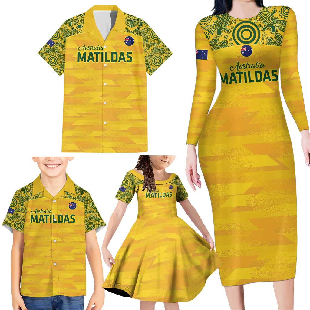 Custom Australia Matildas Family Matching Long Sleeve Bodycon Dress and Hawaiian Shirt National Color Indigenous Art