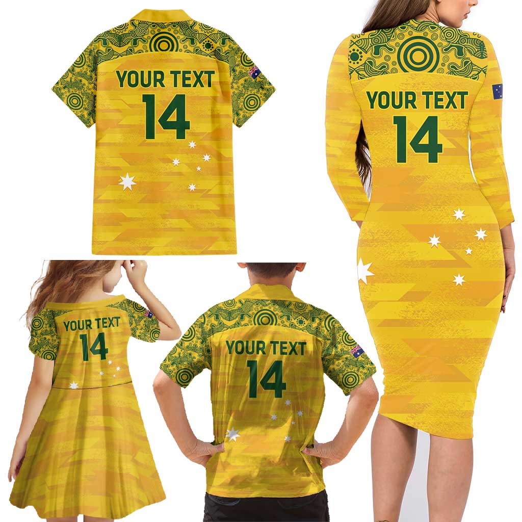 Custom Australia Matildas Family Matching Long Sleeve Bodycon Dress and Hawaiian Shirt National Color Indigenous Art