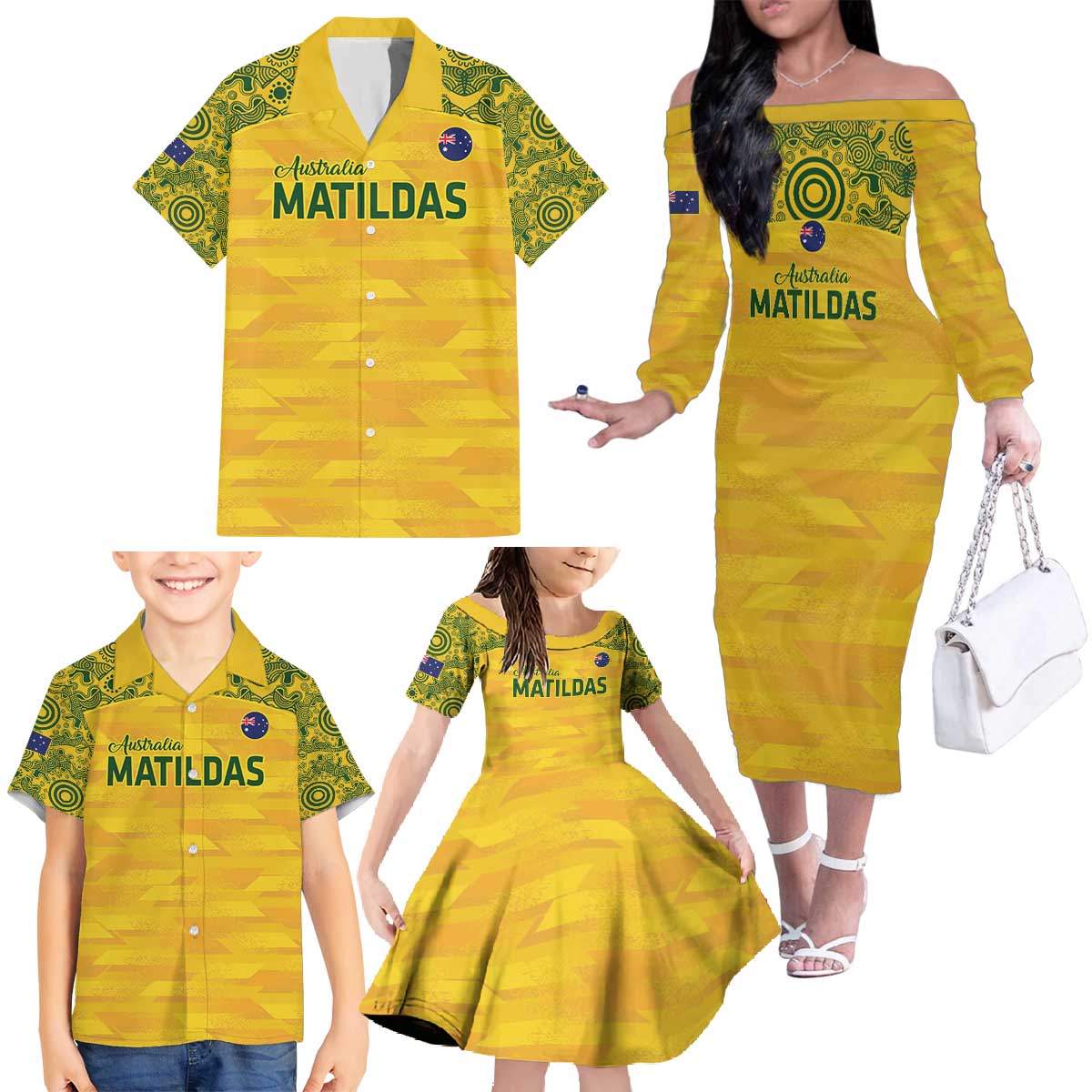 Custom Australia Matildas Family Matching Off The Shoulder Long Sleeve Dress and Hawaiian Shirt National Color Indigenous Art