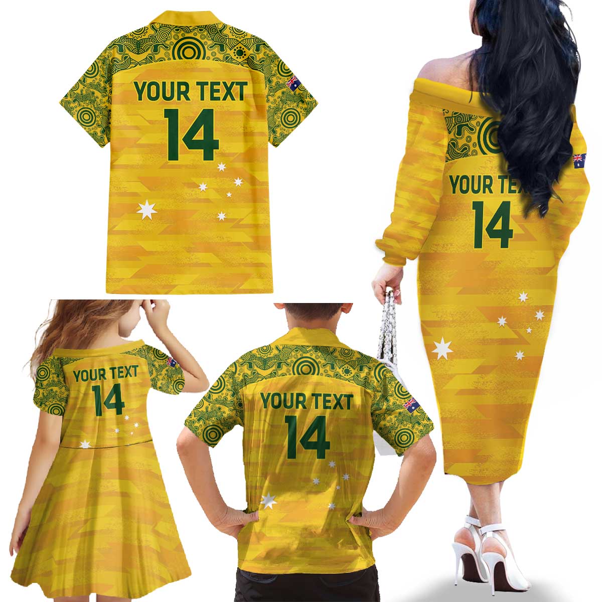 Custom Australia Matildas Family Matching Off The Shoulder Long Sleeve Dress and Hawaiian Shirt National Color Indigenous Art