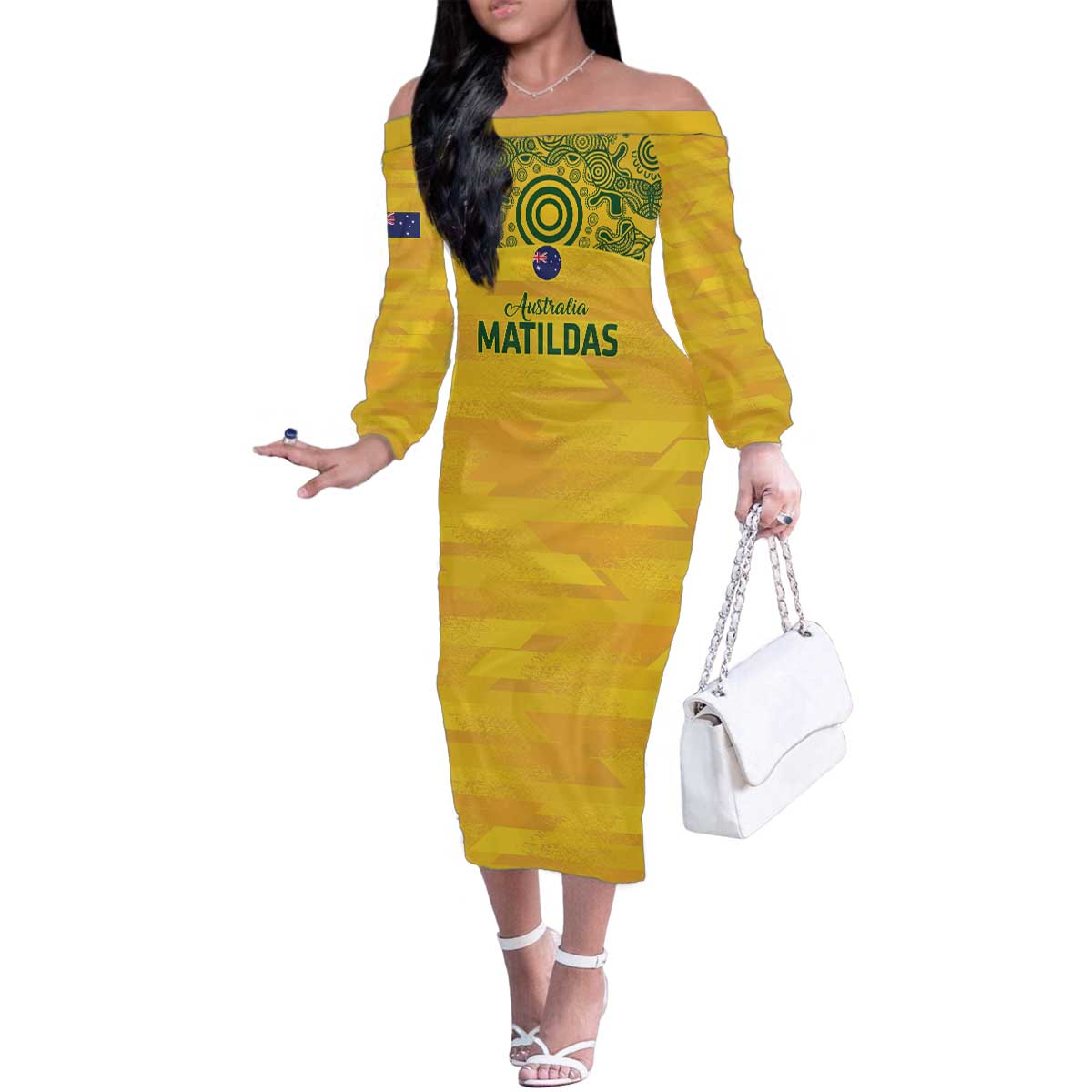 Custom Australia Matildas Family Matching Off The Shoulder Long Sleeve Dress and Hawaiian Shirt National Color Indigenous Art