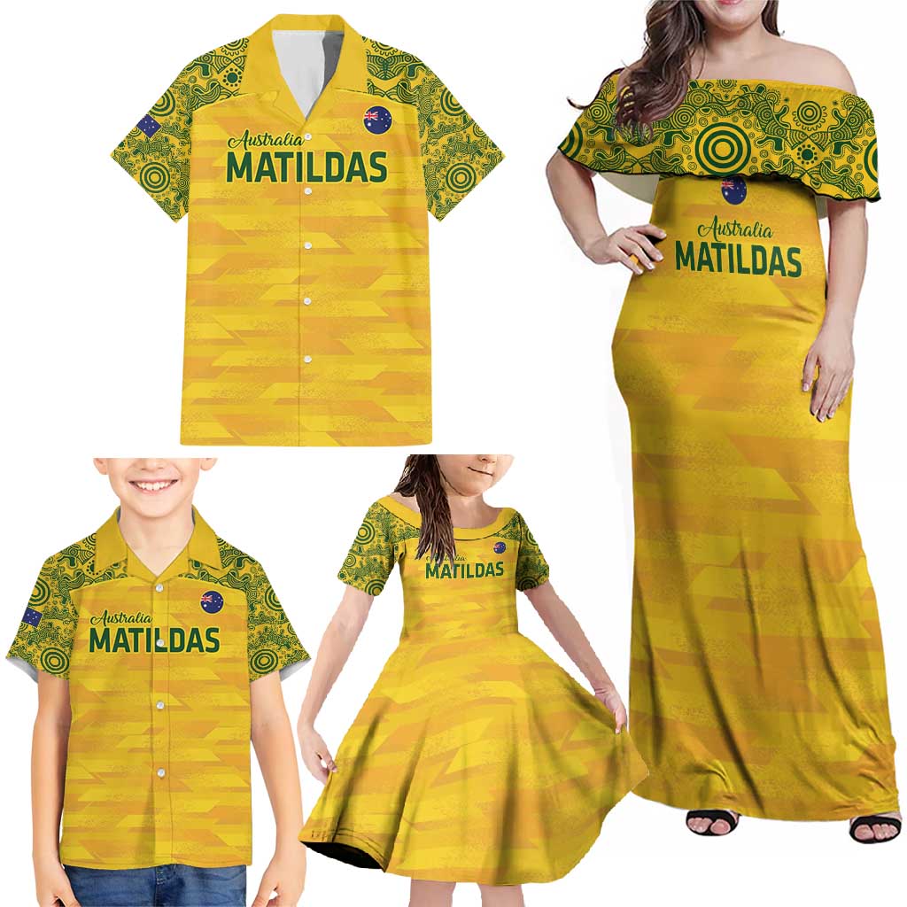 Custom Australia Matildas Family Matching Off Shoulder Maxi Dress and Hawaiian Shirt National Color Indigenous Art