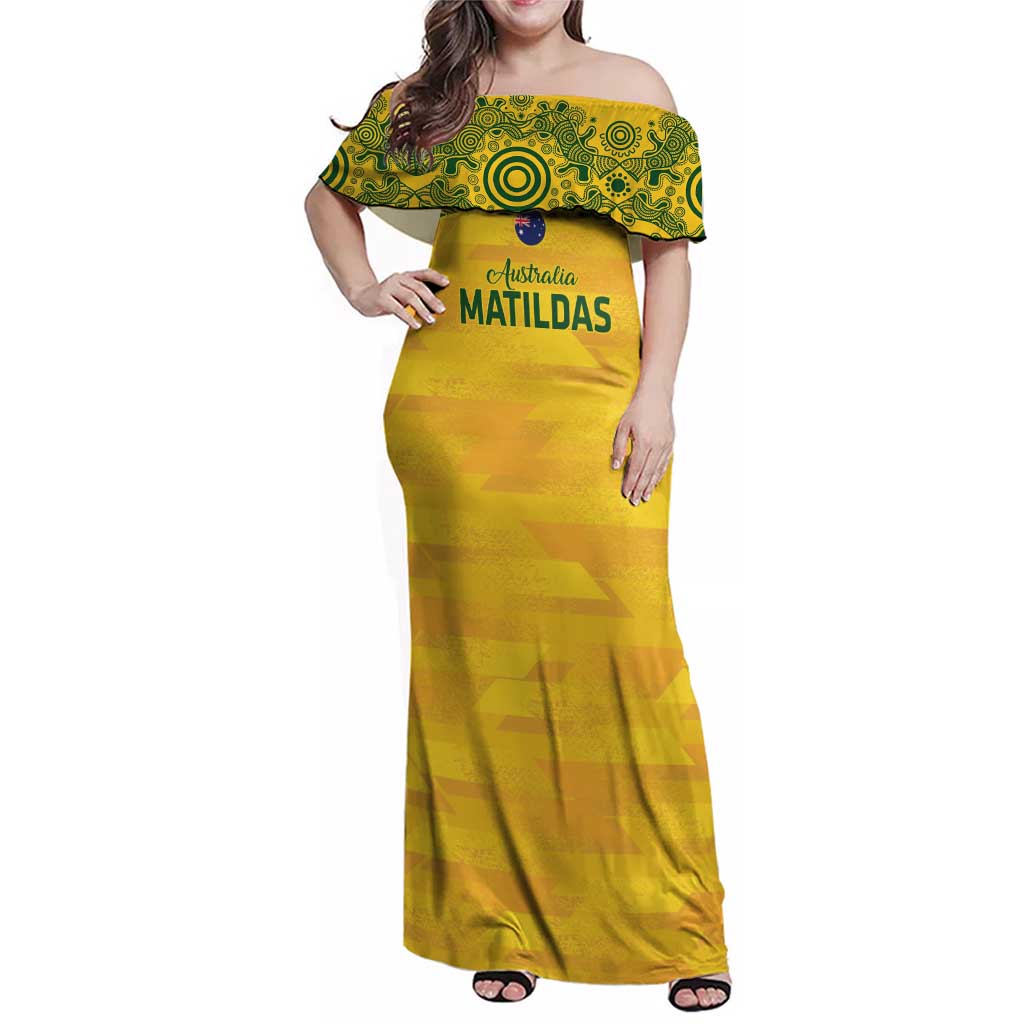 Custom Australia Matildas Family Matching Off Shoulder Maxi Dress and Hawaiian Shirt National Color Indigenous Art