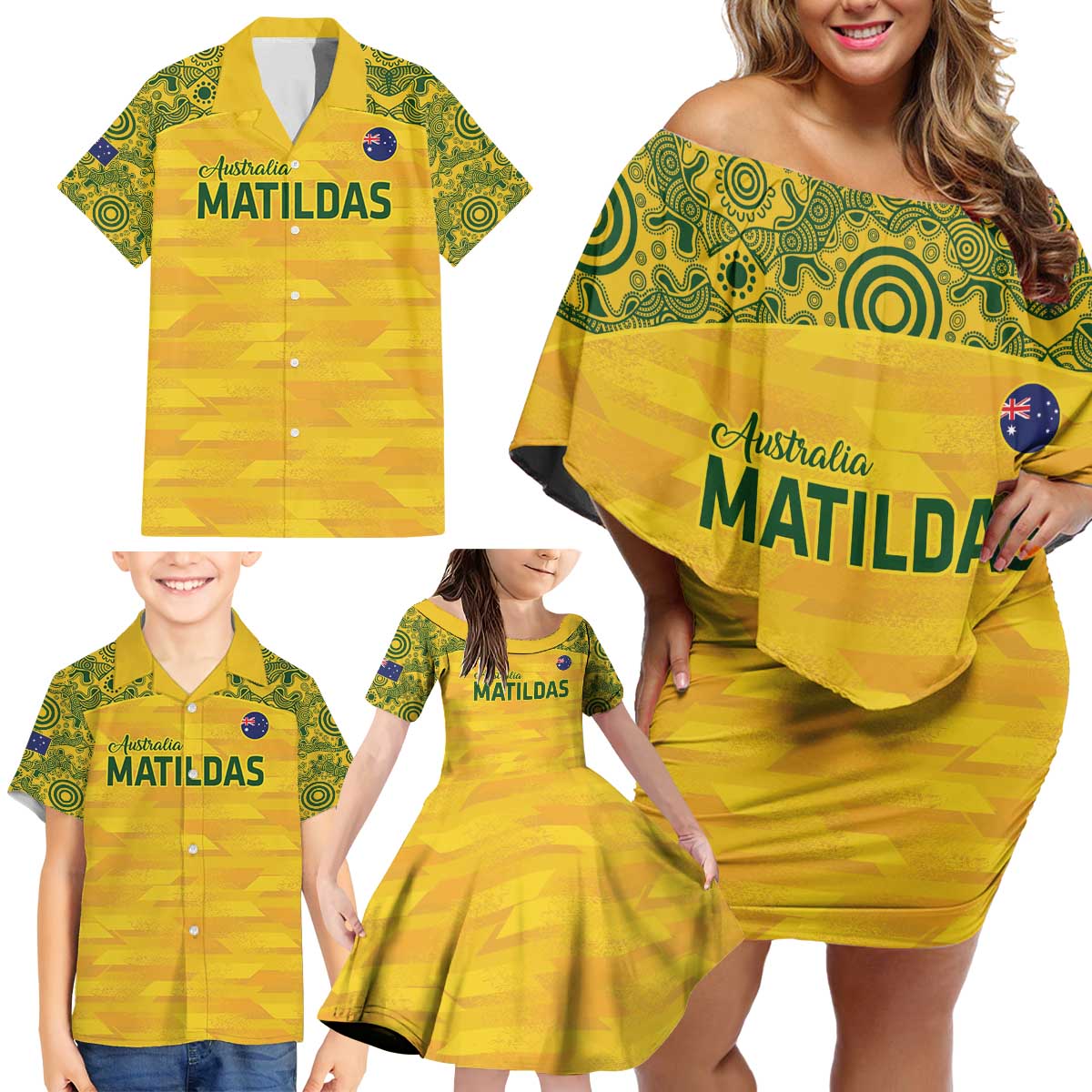 Custom Australia Matildas Family Matching Off Shoulder Short Dress and Hawaiian Shirt National Color Indigenous Art