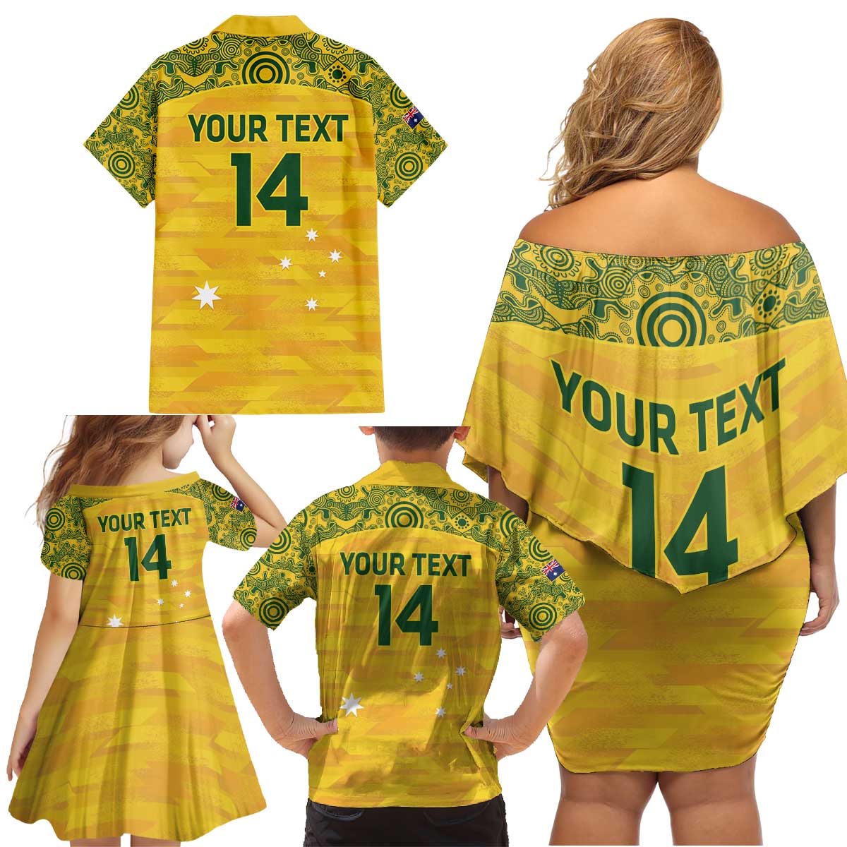 Custom Australia Matildas Family Matching Off Shoulder Short Dress and Hawaiian Shirt National Color Indigenous Art