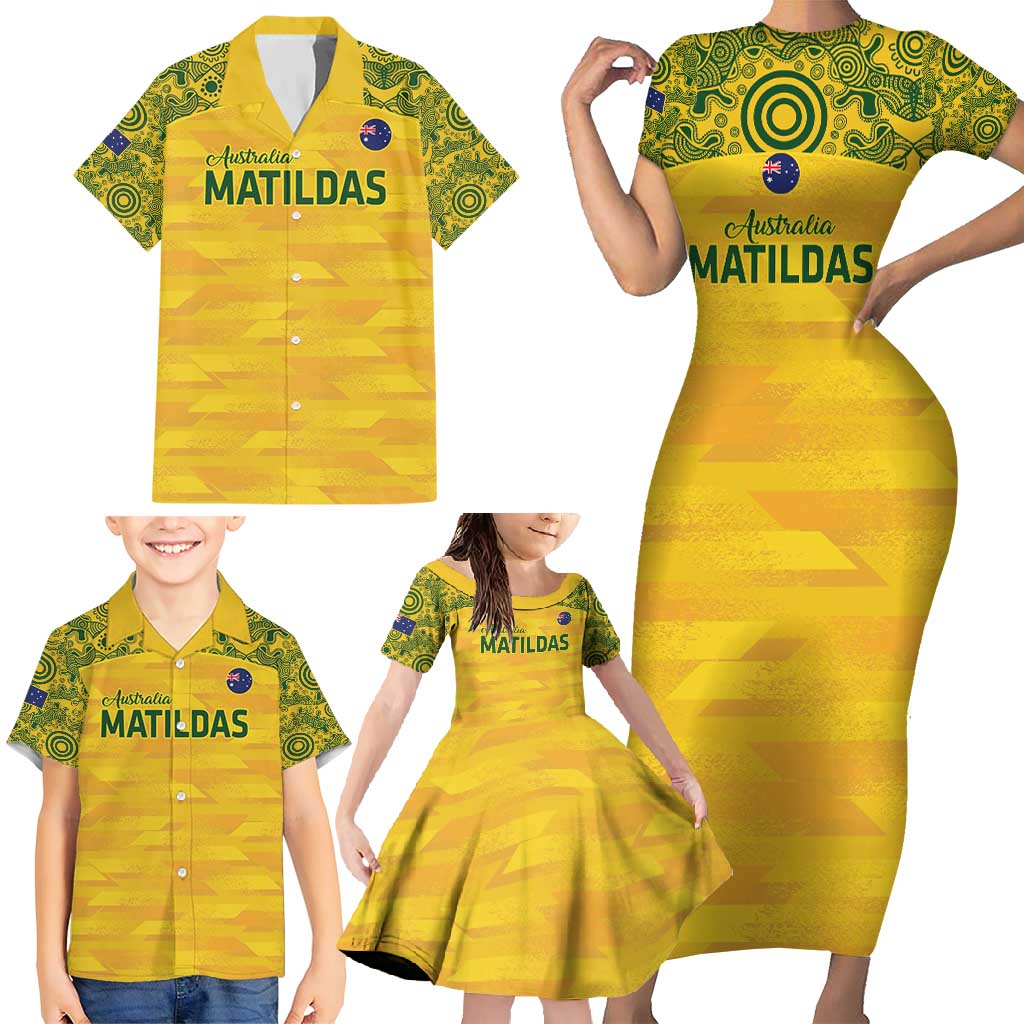 Custom Australia Matildas Family Matching Short Sleeve Bodycon Dress and Hawaiian Shirt National Color Indigenous Art