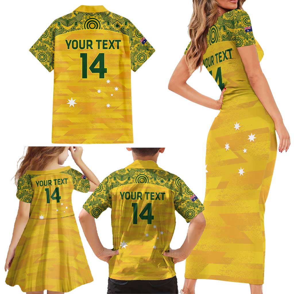 Custom Australia Matildas Family Matching Short Sleeve Bodycon Dress and Hawaiian Shirt National Color Indigenous Art