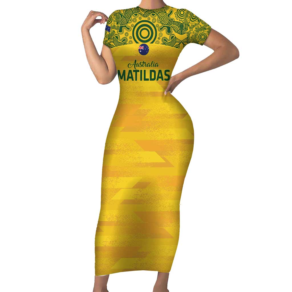 Custom Australia Matildas Family Matching Short Sleeve Bodycon Dress and Hawaiian Shirt National Color Indigenous Art