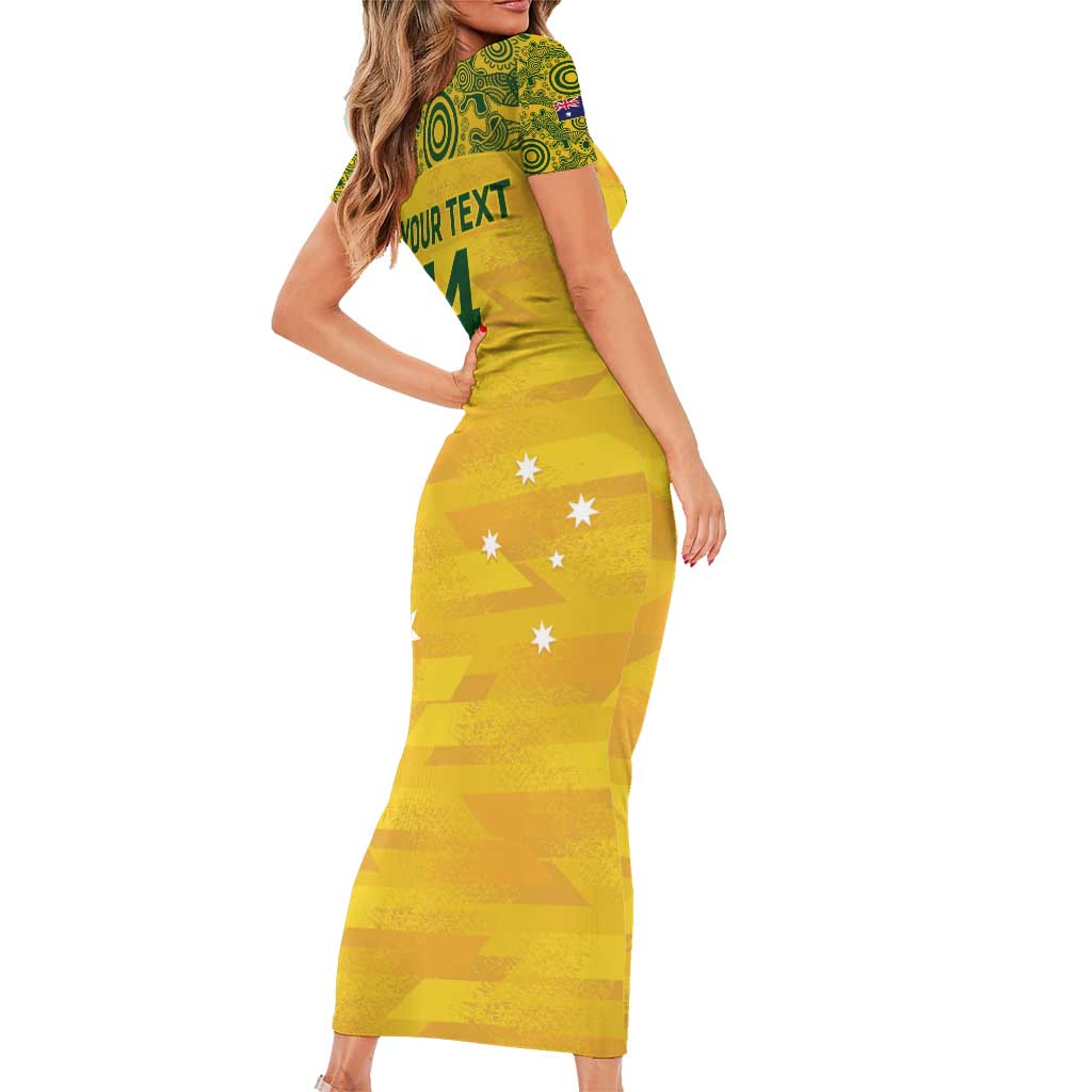 Custom Australia Matildas Family Matching Short Sleeve Bodycon Dress and Hawaiian Shirt National Color Indigenous Art