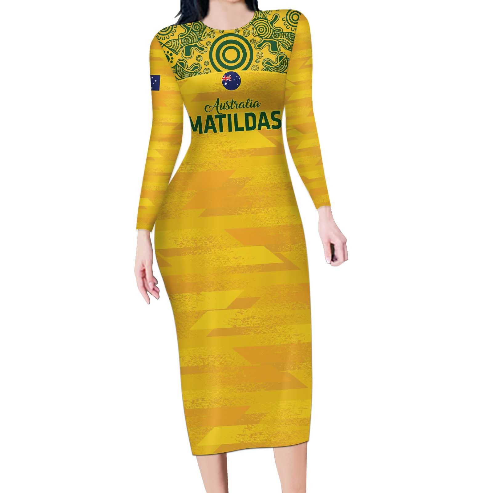 Custom Australia Matildas Long Sleeve Bodycon Dress National Color Indigenous Art