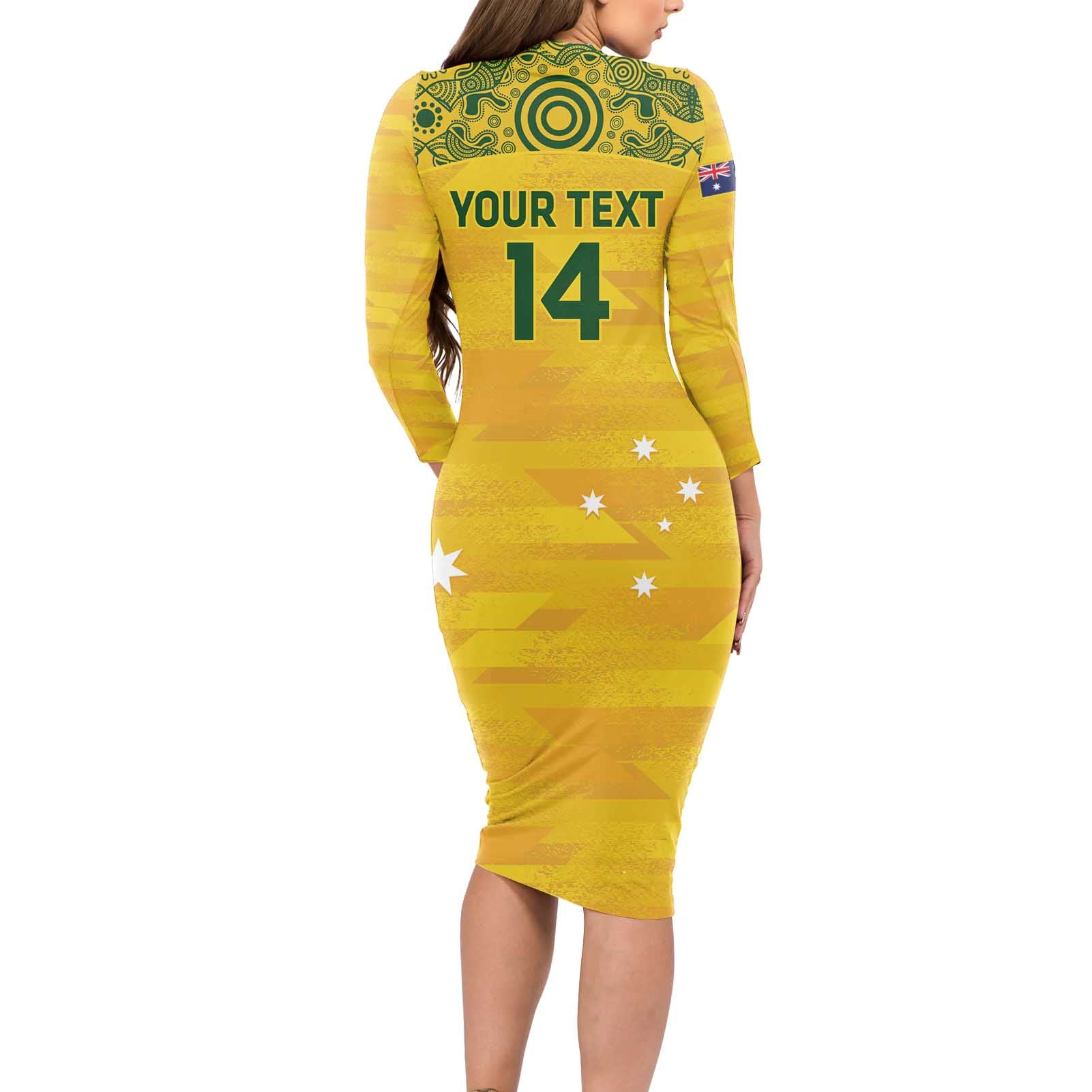 Custom Australia Matildas Long Sleeve Bodycon Dress National Color Indigenous Art