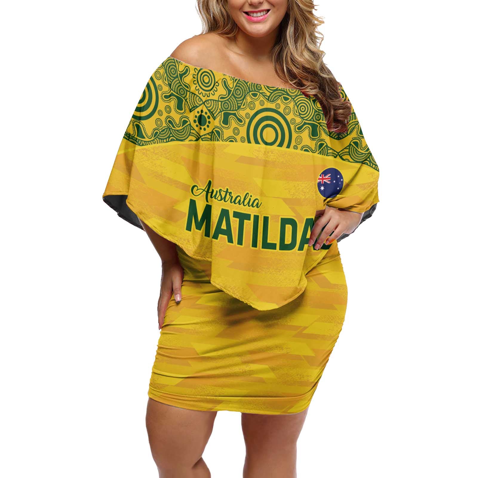 Custom Australia Matildas Off Shoulder Short Dress National Color Indigenous Art