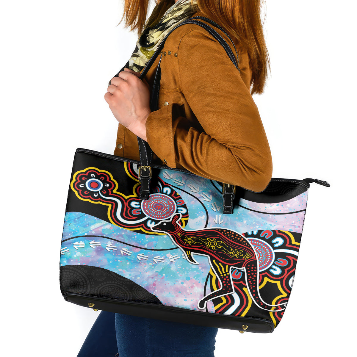 Australia Opal Leather Tote Bag Aussie Kangaroo Aboriginal Art