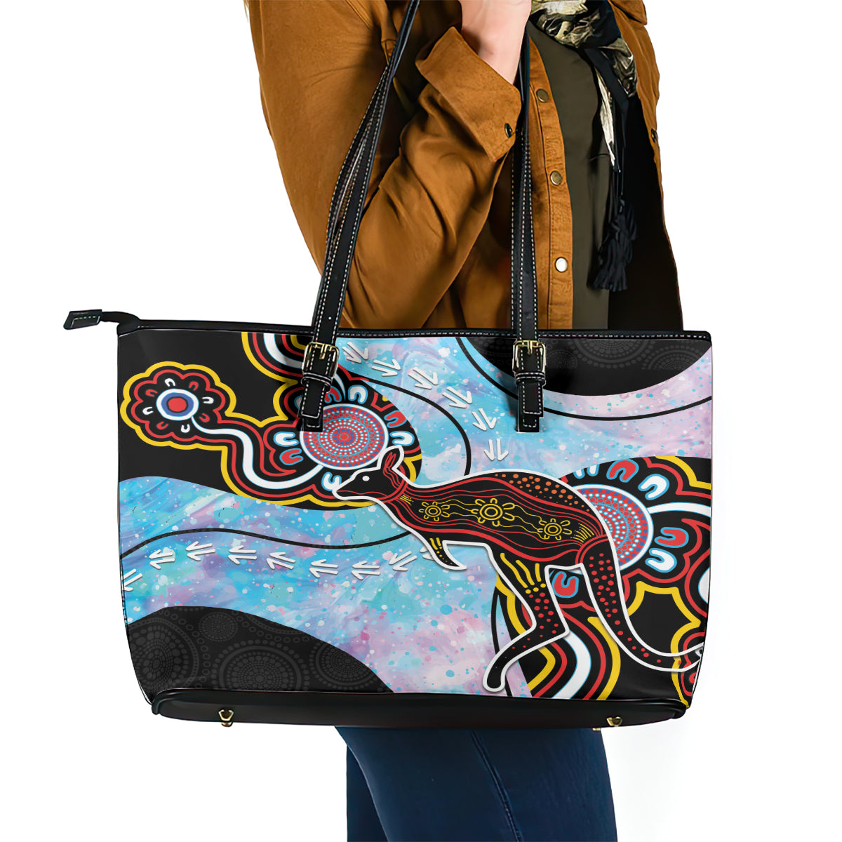 Australia Opal Leather Tote Bag Aussie Kangaroo Aboriginal Art