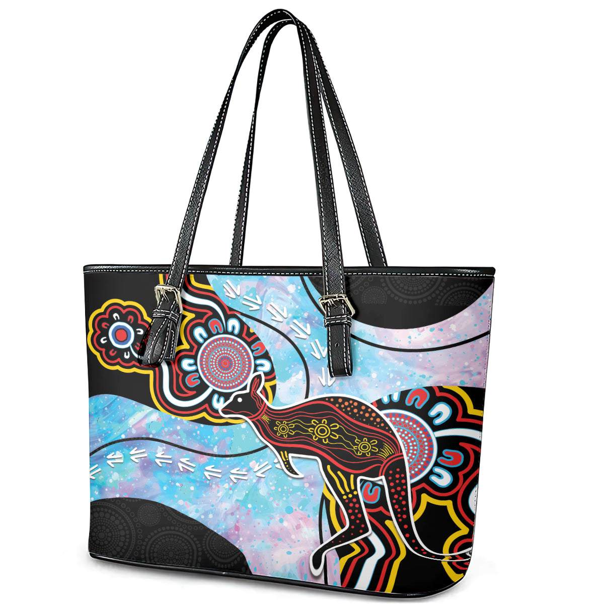 Australia Opal Leather Tote Bag Aussie Kangaroo Aboriginal Art