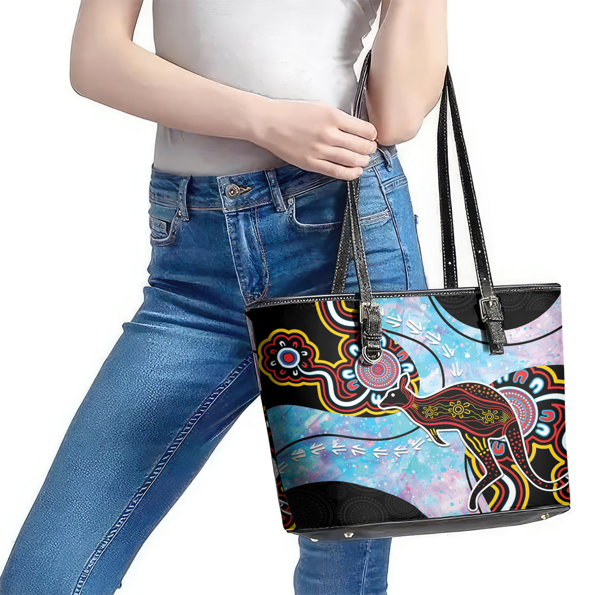 Australia Opal Leather Tote Bag Aussie Kangaroo Aboriginal Art