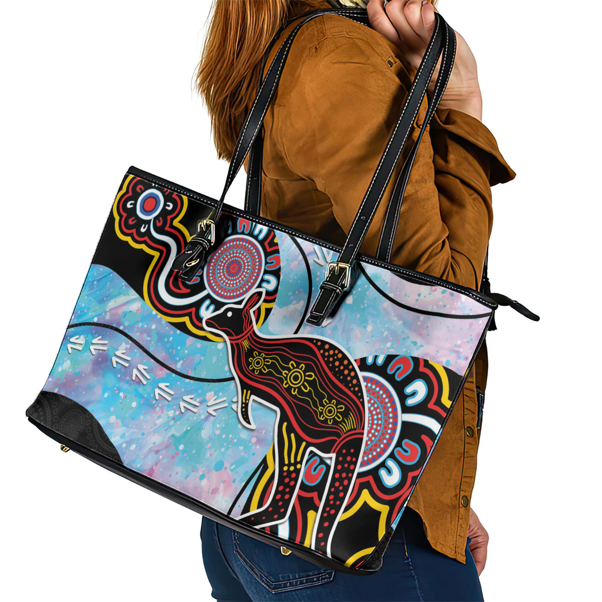 Australia Opal Leather Tote Bag Aussie Kangaroo Aboriginal Art