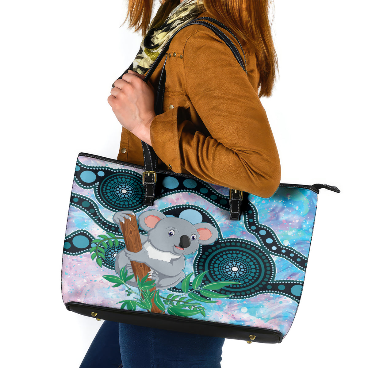 Australia Opal Koala Leather Tote Bag Aussie Aboriginal Art