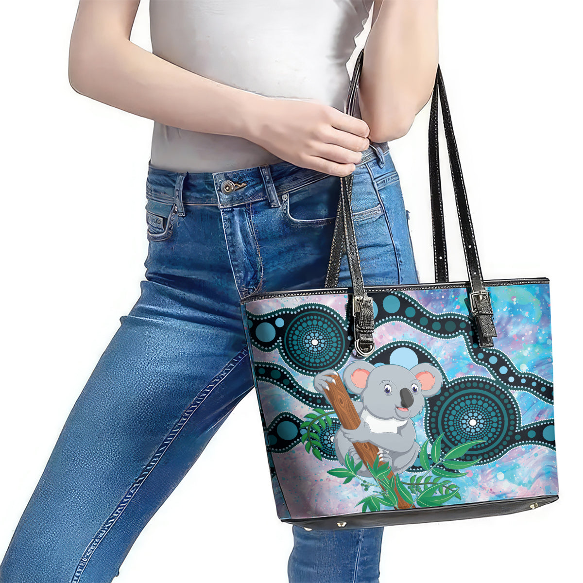 Australia Opal Koala Leather Tote Bag Aussie Aboriginal Art