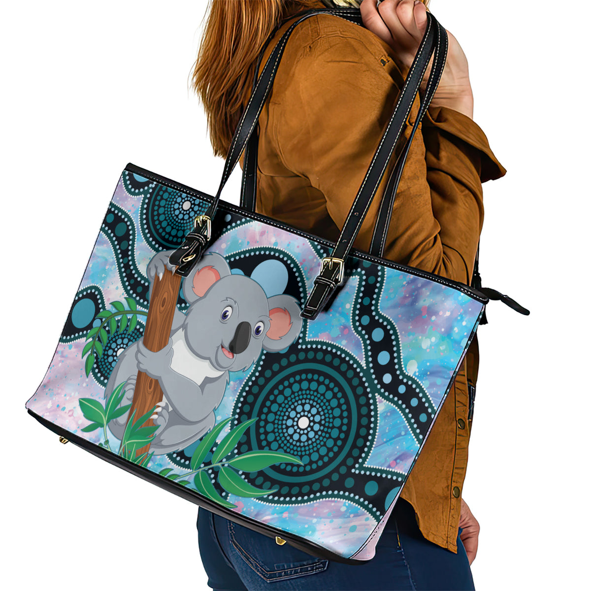 Australia Opal Koala Leather Tote Bag Aussie Aboriginal Art