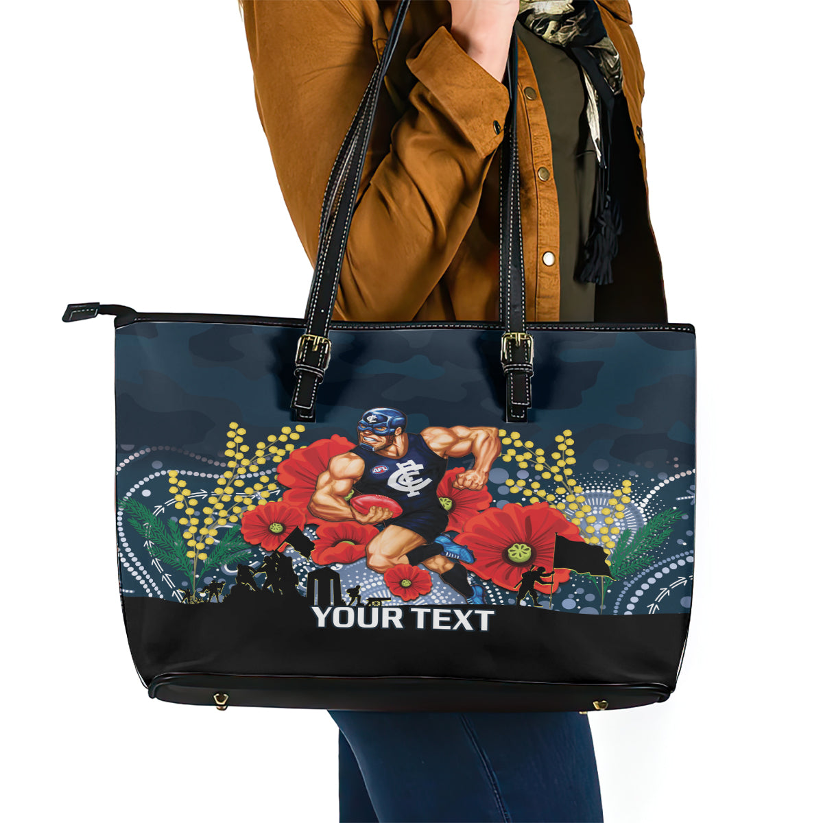 Custom Blues Football ANZAC Leather Tote Bag Gallipoli Camouflage With Poppies