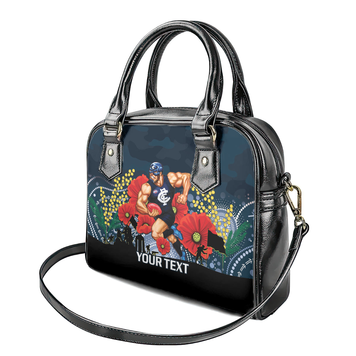 Custom Blues Football ANZAC Shoulder Handbag Gallipoli Camouflage With Poppies