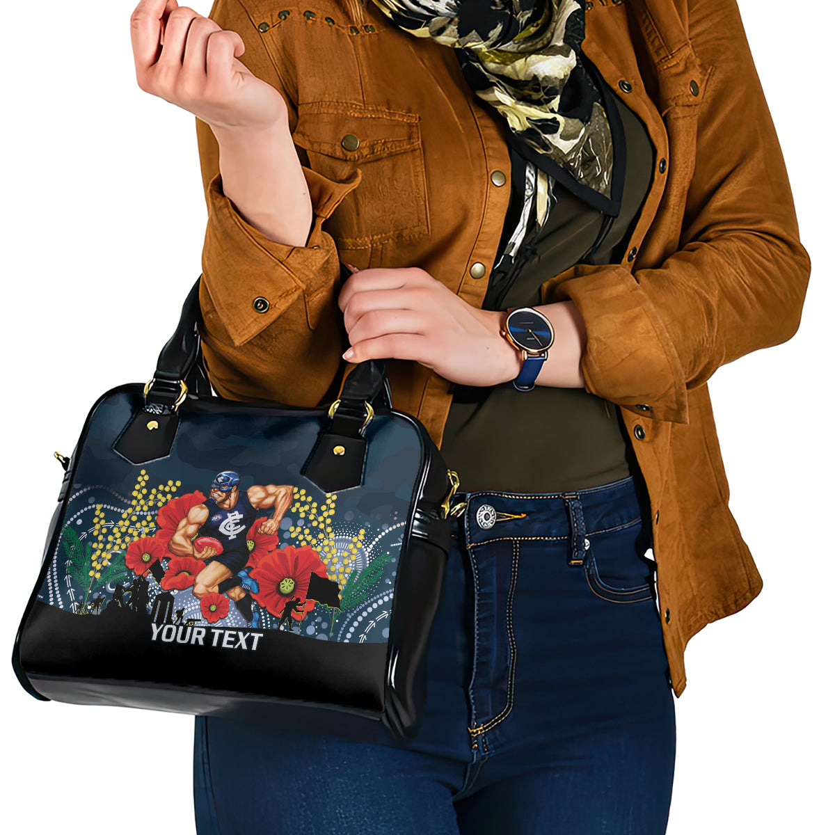 Custom Blues Football ANZAC Shoulder Handbag Gallipoli Camouflage With Poppies