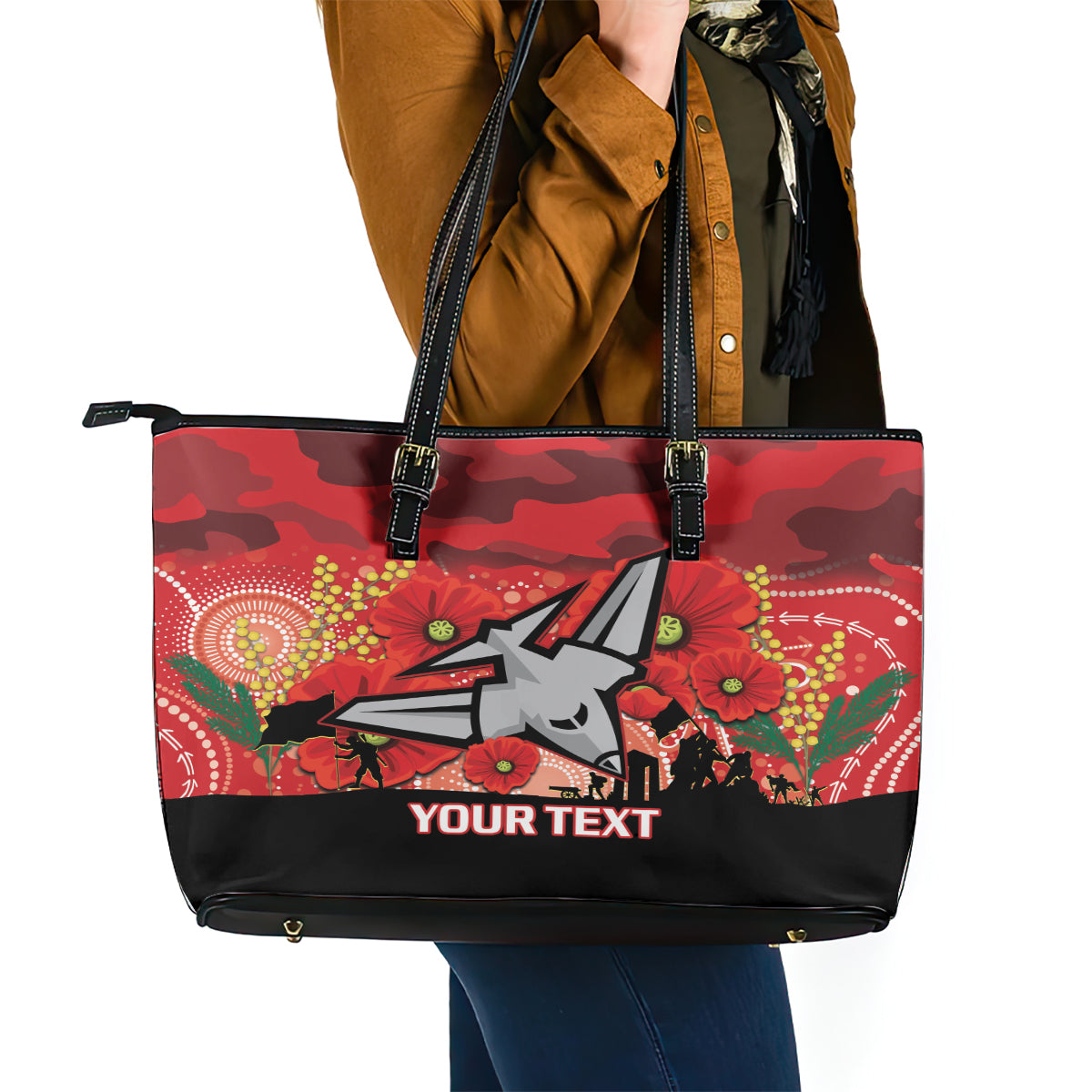 Custom Essendon Football ANZAC Leather Tote Bag Gallipoli Camouflage With Poppies