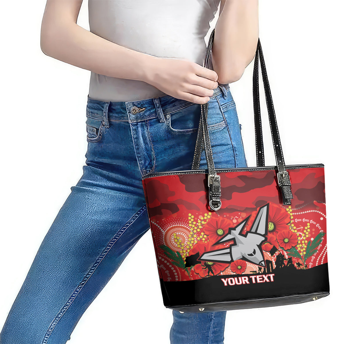 Custom Essendon Football ANZAC Leather Tote Bag Gallipoli Camouflage With Poppies