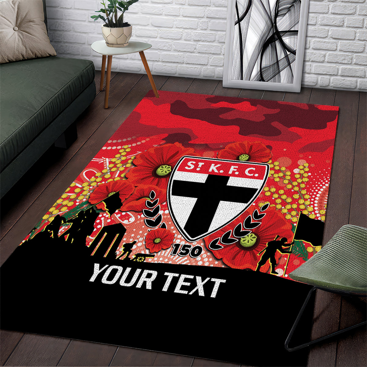 Custom St Kilda Football ANZAC Area Rug Gallipoli Camouflage With Poppies