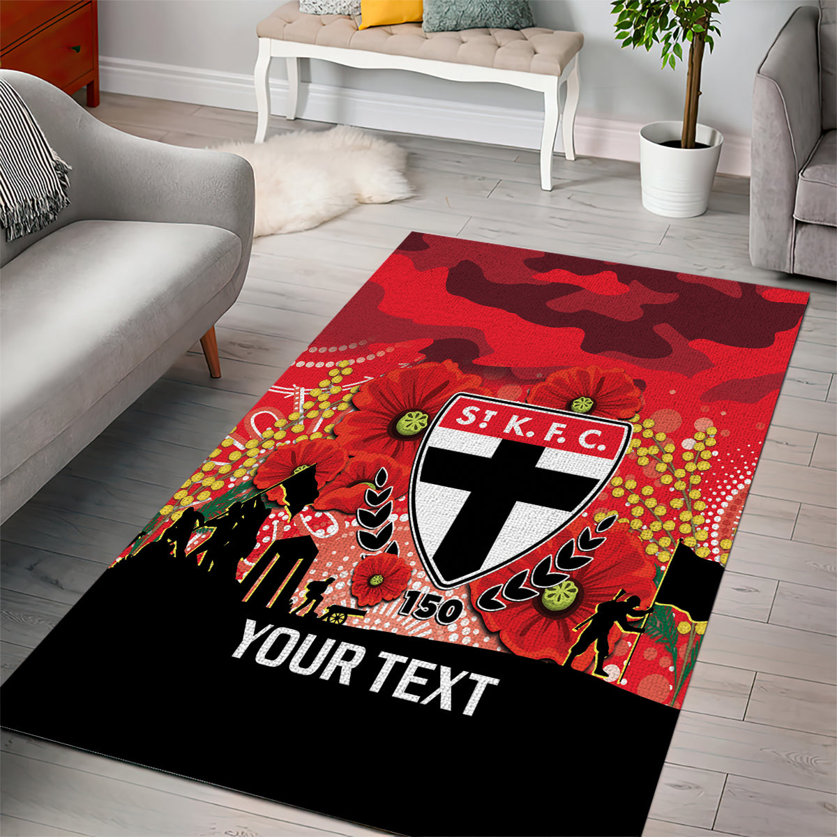 Custom St Kilda Football ANZAC Area Rug Gallipoli Camouflage With Poppies