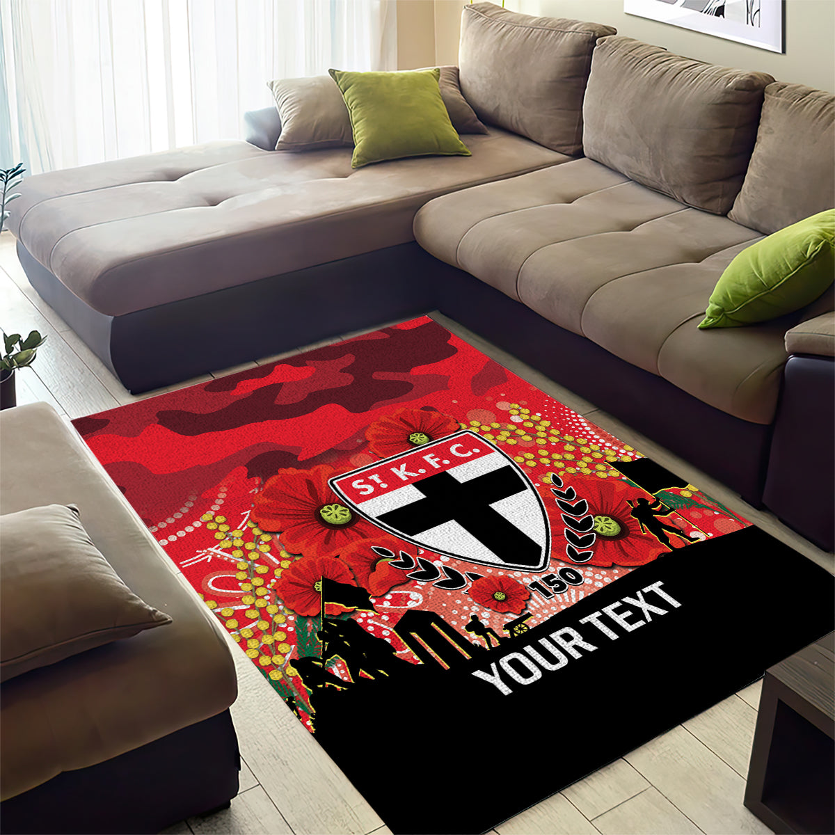 Custom St Kilda Football ANZAC Area Rug Gallipoli Camouflage With Poppies