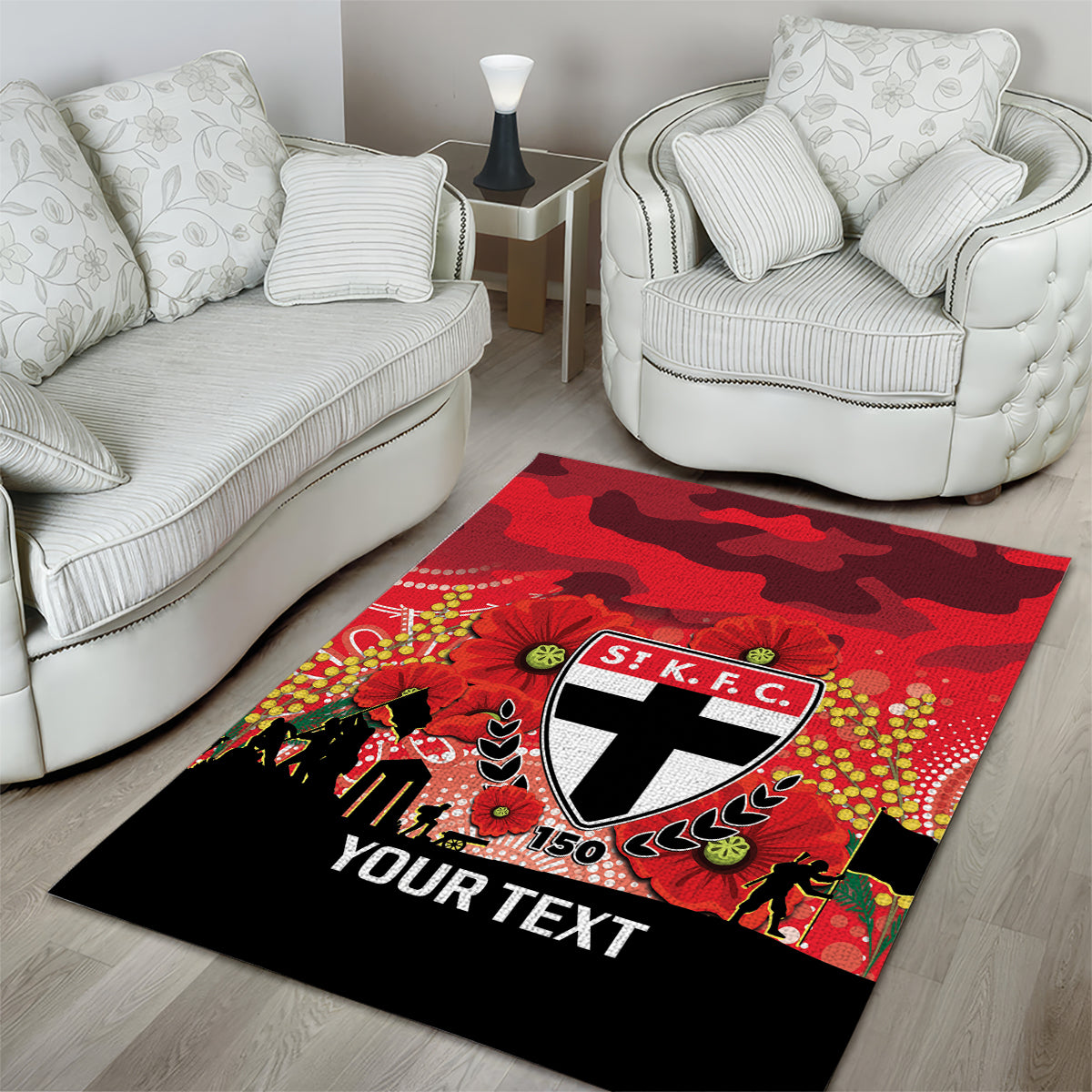 Custom St Kilda Football ANZAC Area Rug Gallipoli Camouflage With Poppies