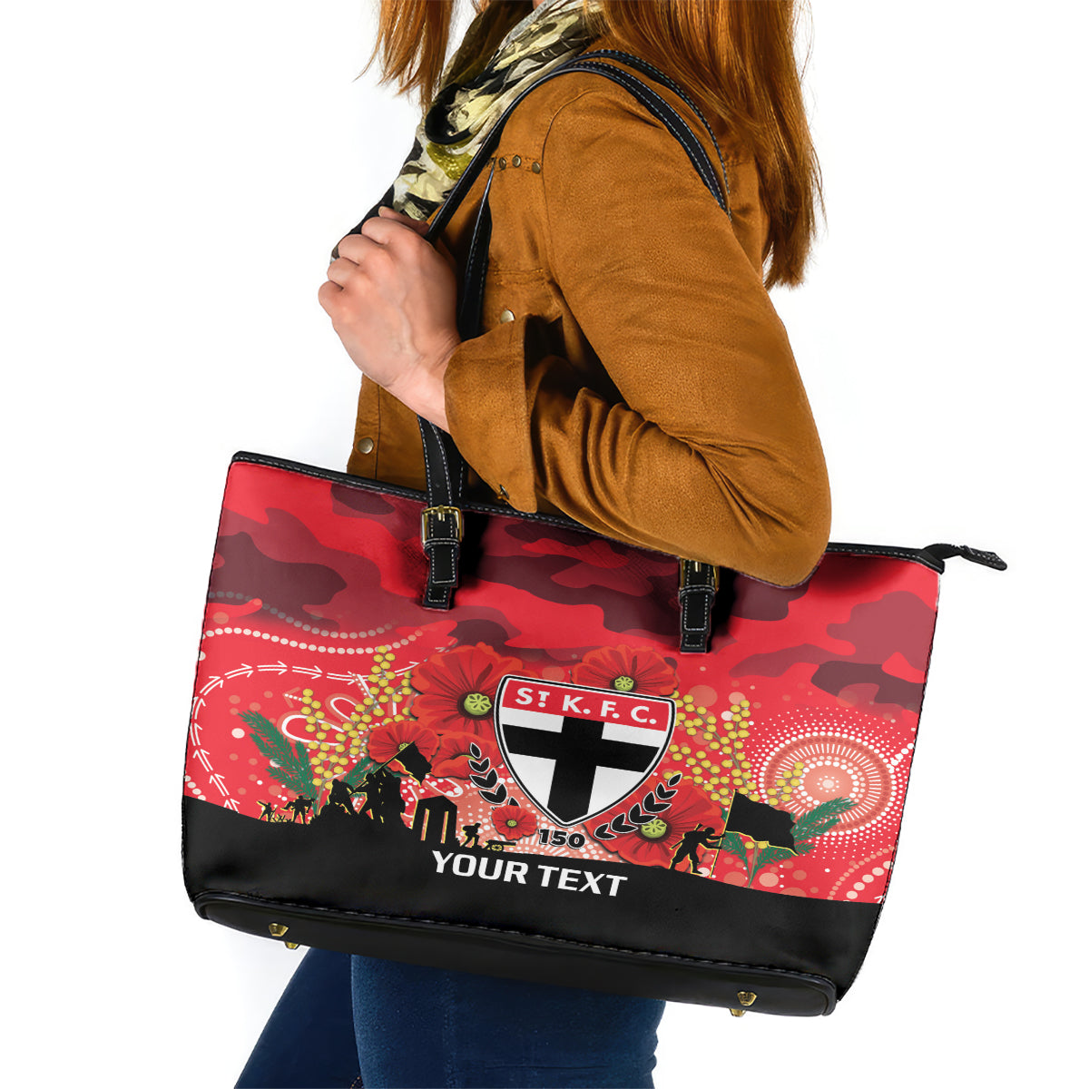 Custom St Kilda Football ANZAC Leather Tote Bag Gallipoli Camouflage With Poppies