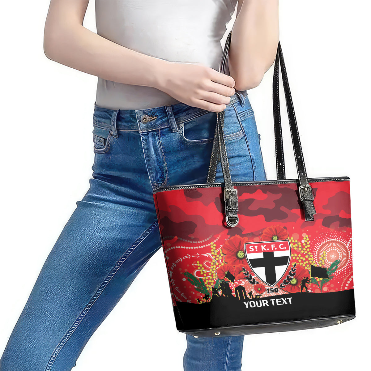 Custom St Kilda Football ANZAC Leather Tote Bag Gallipoli Camouflage With Poppies