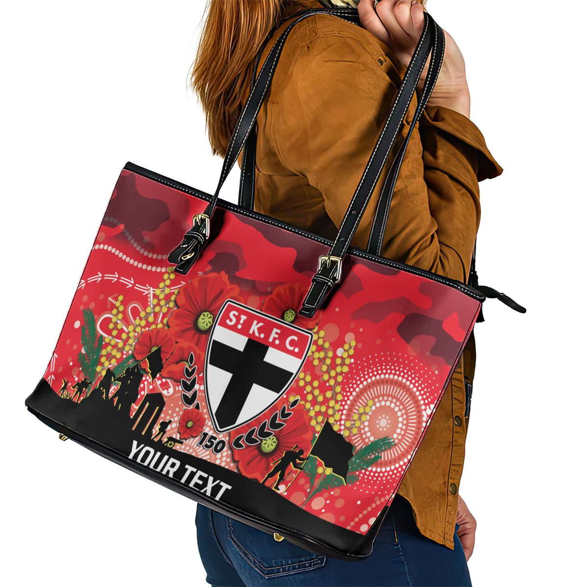 Custom St Kilda Football ANZAC Leather Tote Bag Gallipoli Camouflage With Poppies