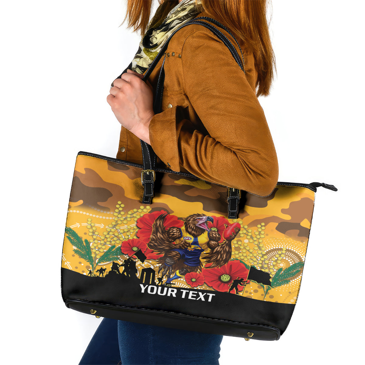 Custom Eagles Football ANZAC Leather Tote Bag Gallipoli Camouflage With Poppies