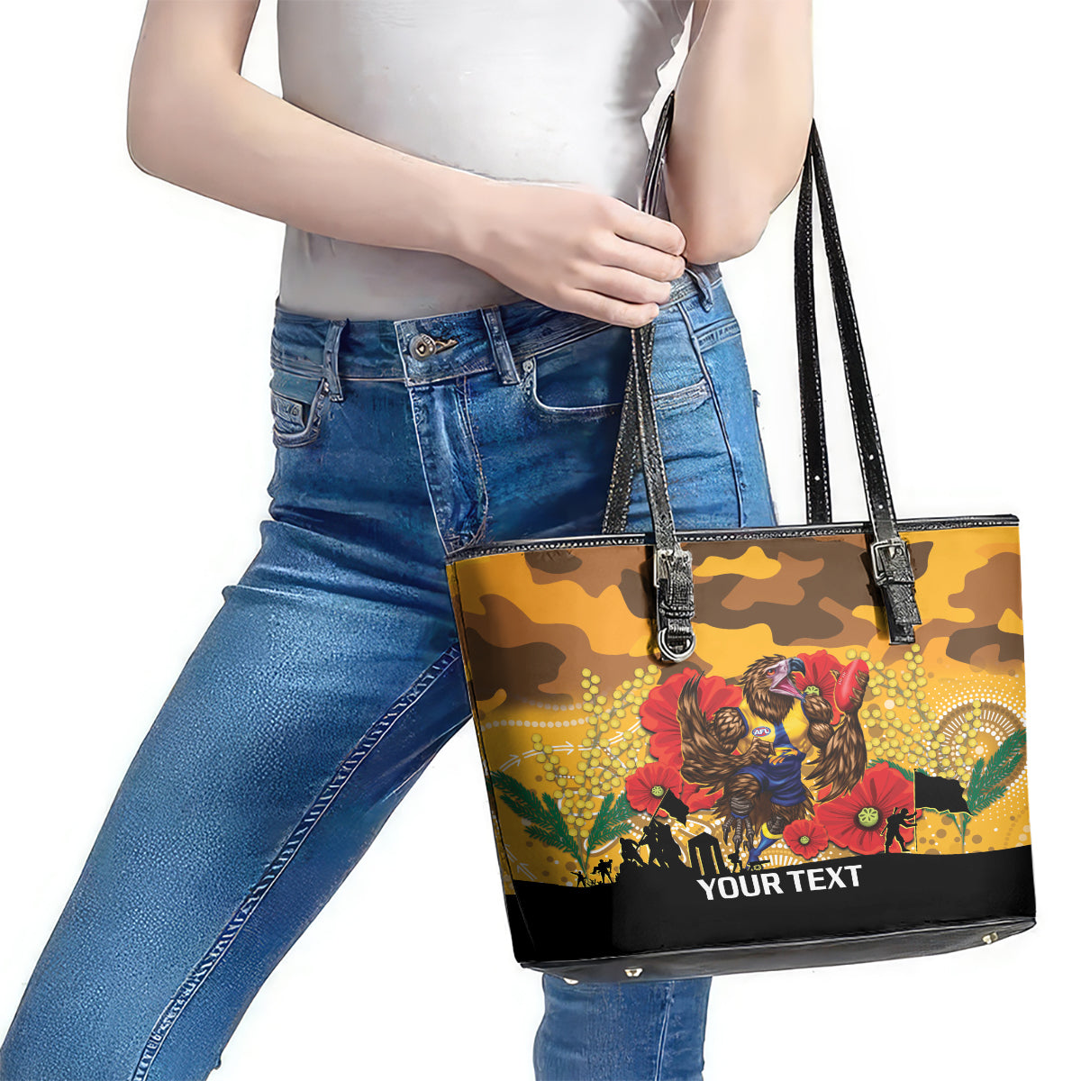 Custom Eagles Football ANZAC Leather Tote Bag Gallipoli Camouflage With Poppies