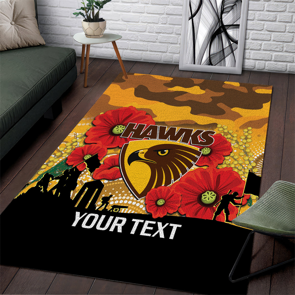 Custom Hawks Football ANZAC Area Rug Gallipoli Camouflage With Poppies