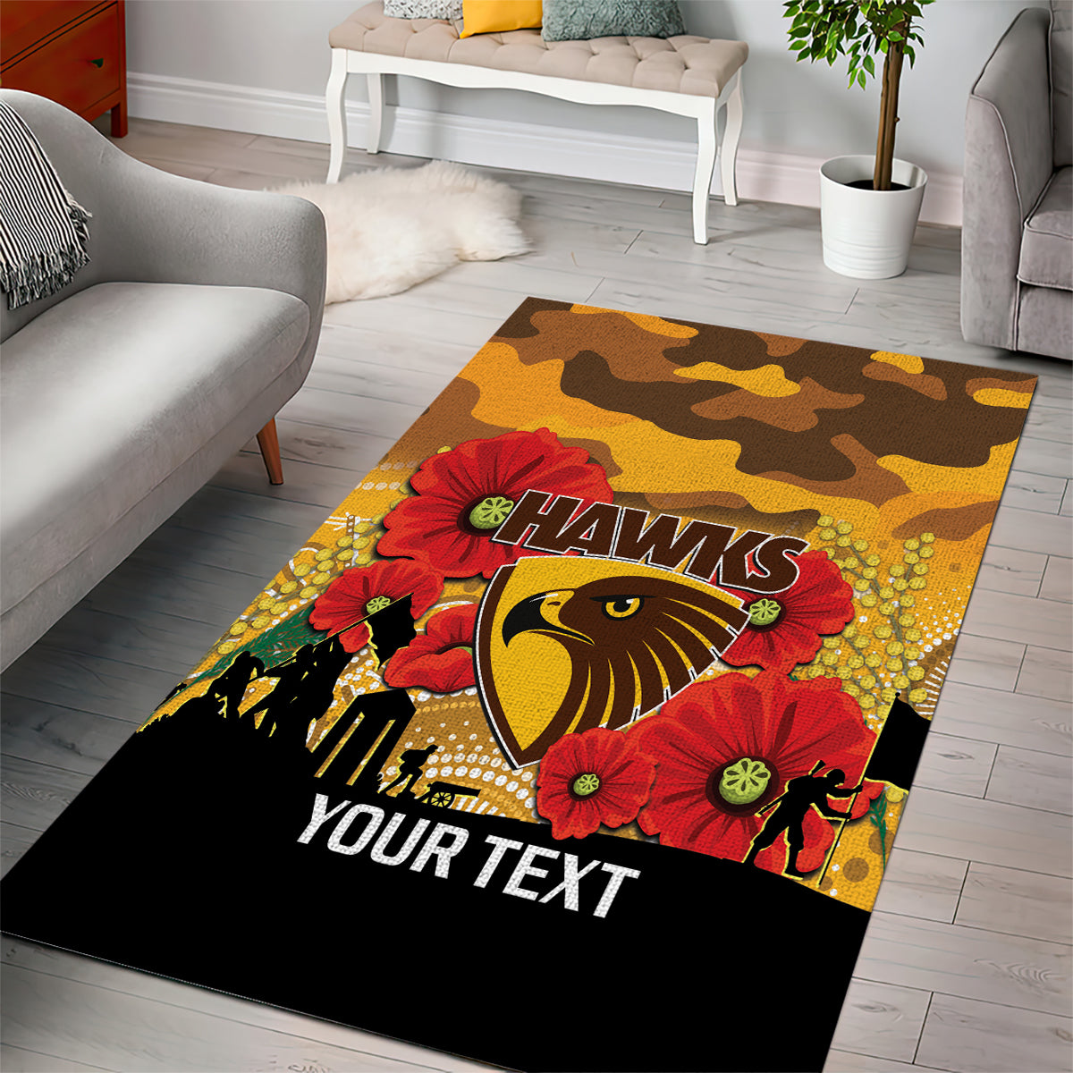 Custom Hawks Football ANZAC Area Rug Gallipoli Camouflage With Poppies