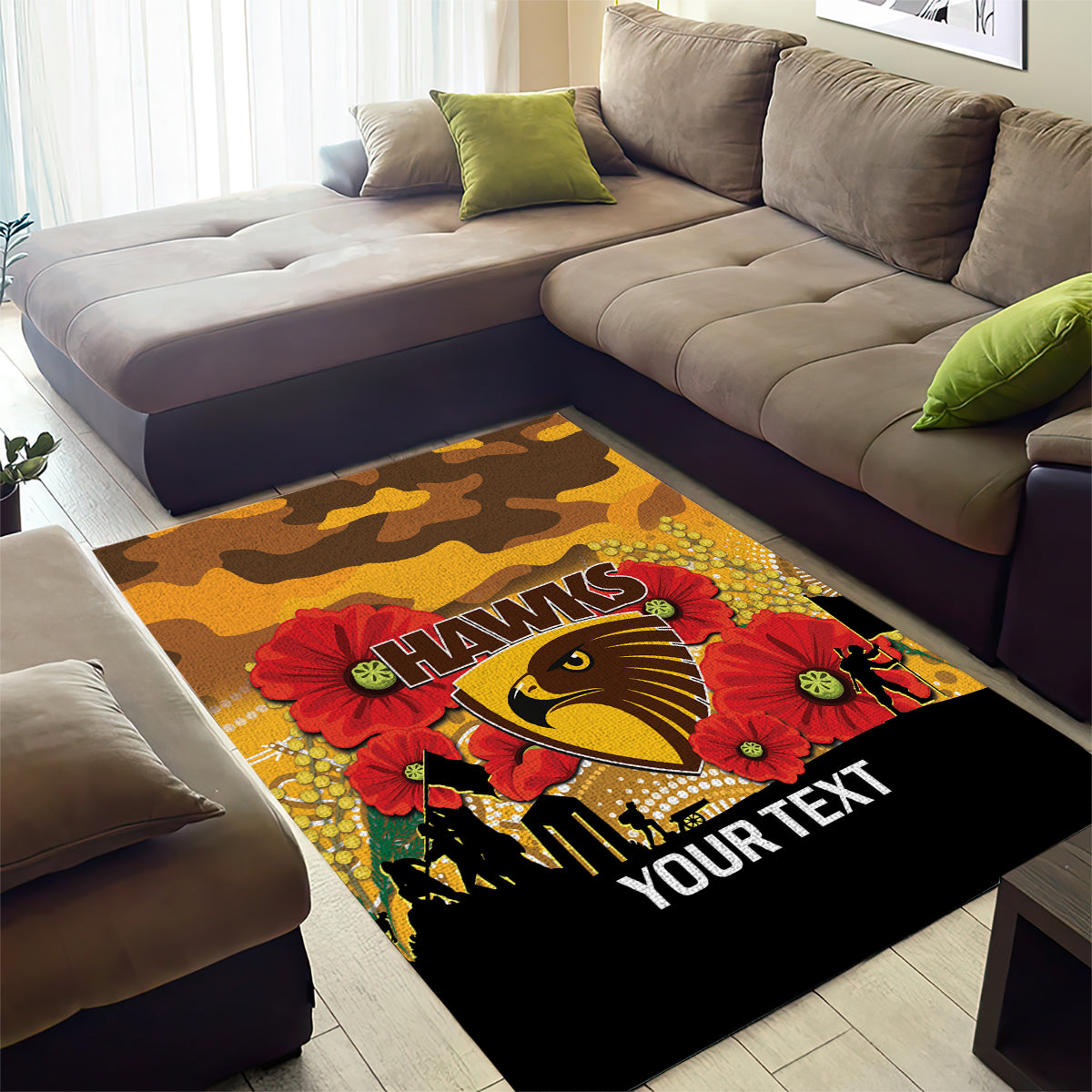 Custom Hawks Football ANZAC Area Rug Gallipoli Camouflage With Poppies