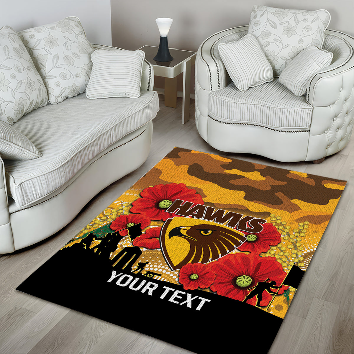 Custom Hawks Football ANZAC Area Rug Gallipoli Camouflage With Poppies