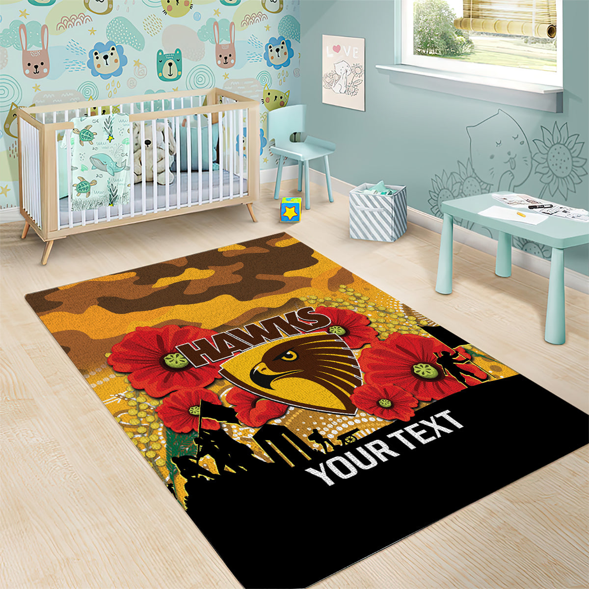 Custom Hawks Football ANZAC Area Rug Gallipoli Camouflage With Poppies