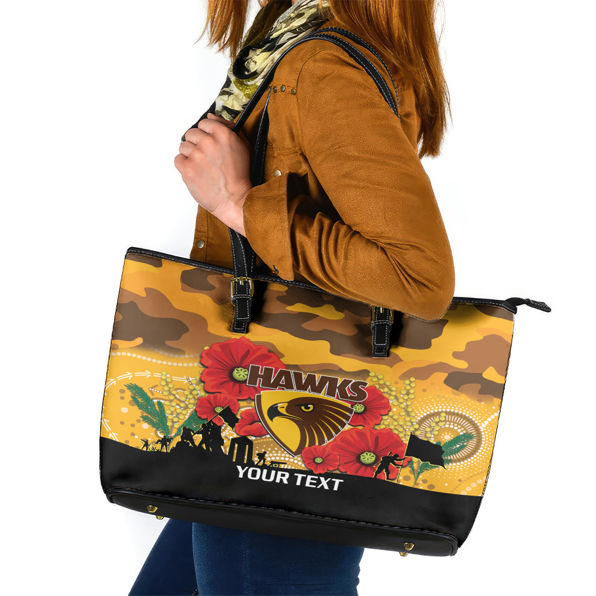 Custom Hawks Football ANZAC Leather Tote Bag Gallipoli Camouflage With Poppies