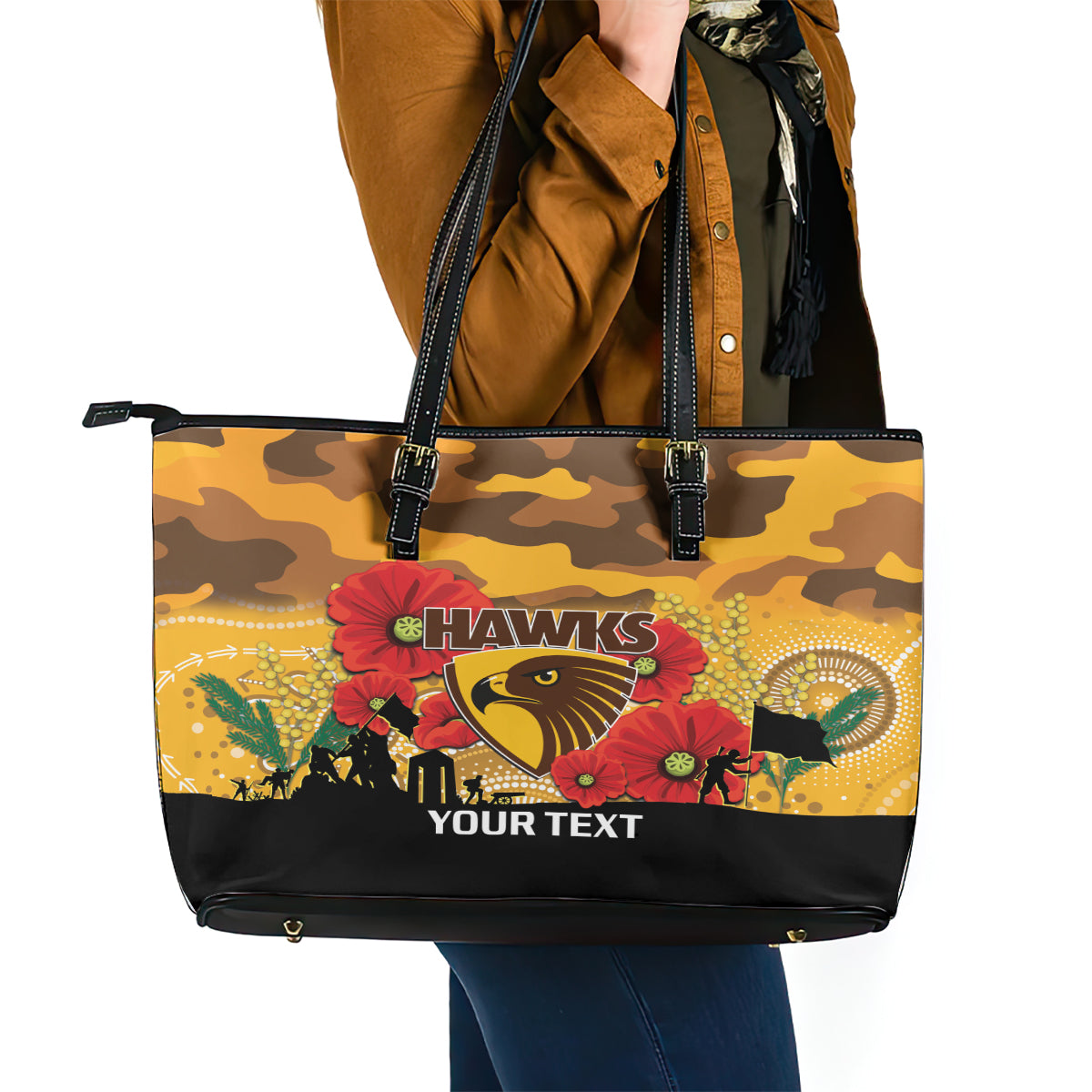 Custom Hawks Football ANZAC Leather Tote Bag Gallipoli Camouflage With Poppies